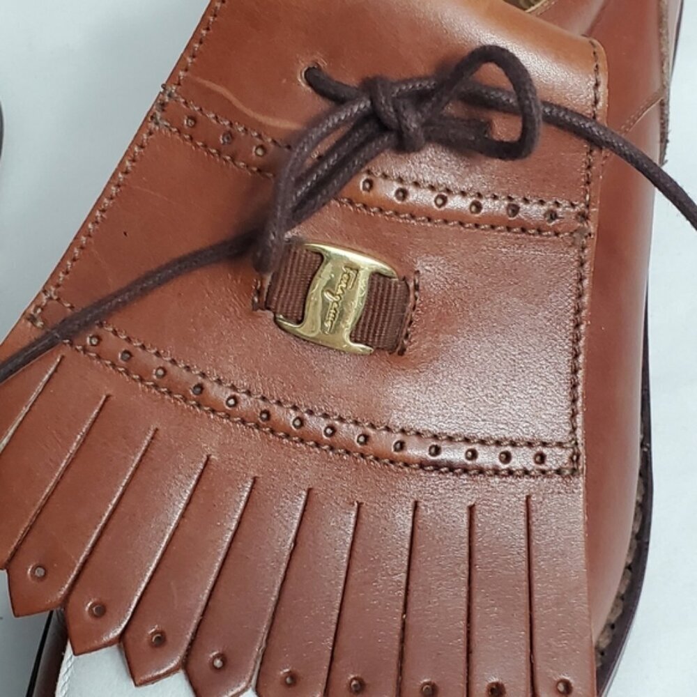 Salvatore Ferragamo SPORT Vintage Leather Kiltie Golf Shoes - Tan & White - Picture 8 of 12
